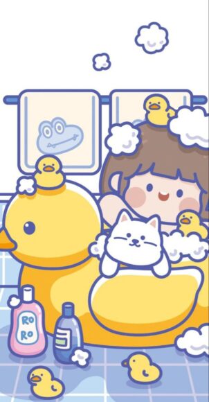 hình nền điện thoại cute cô bé và vịt vàng