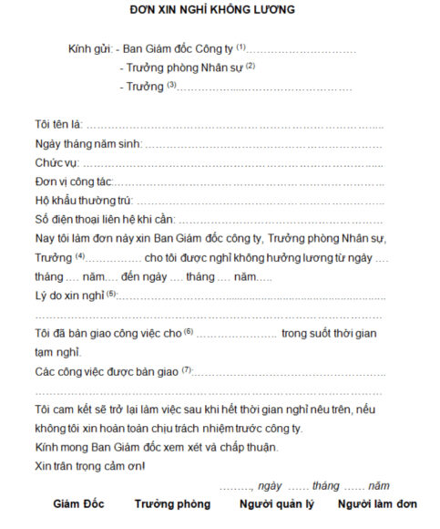 Mẫu đơn xin nghỉ phép không lương