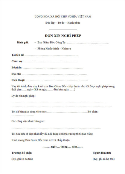 Mẫu đơn xin nghỉ phép viết tay