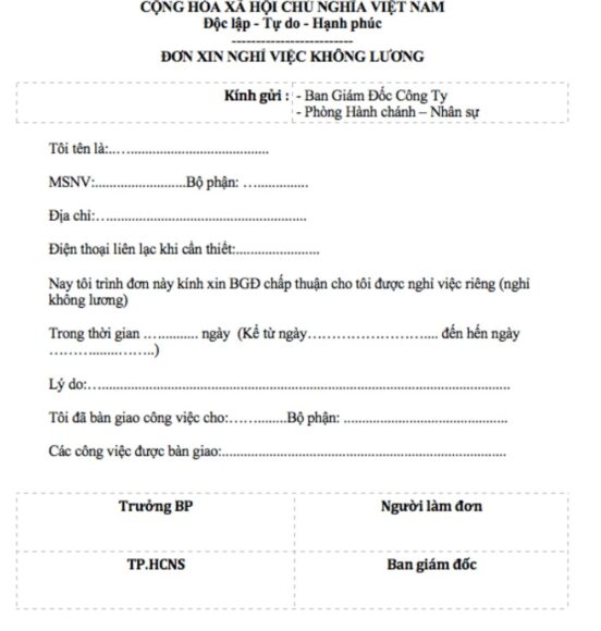 Mẫu đơn xin nghỉ việc không lương