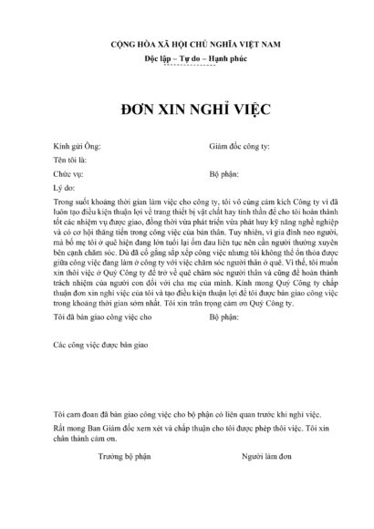 Mẫu đơn xin nghỉ việc với lý do về quê chăm sóc cha mẹ