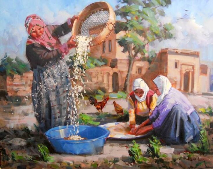 tranh vẽ lao động đãi lúa