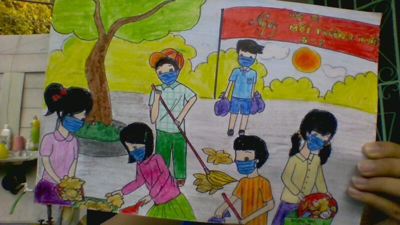 tranh vẽ lao động học sinh quét dọn sân trường