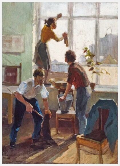 tranh vẽ lao động vệ sinh nhà cửa