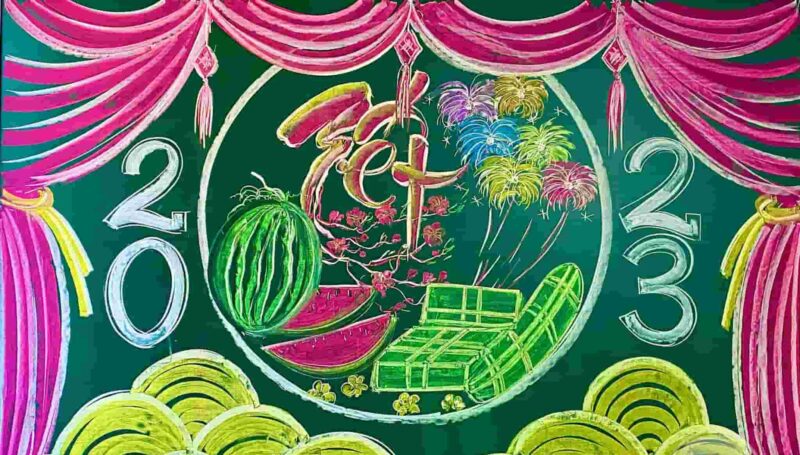 Vẽ bảng Tết pháo hoa rực rỡ