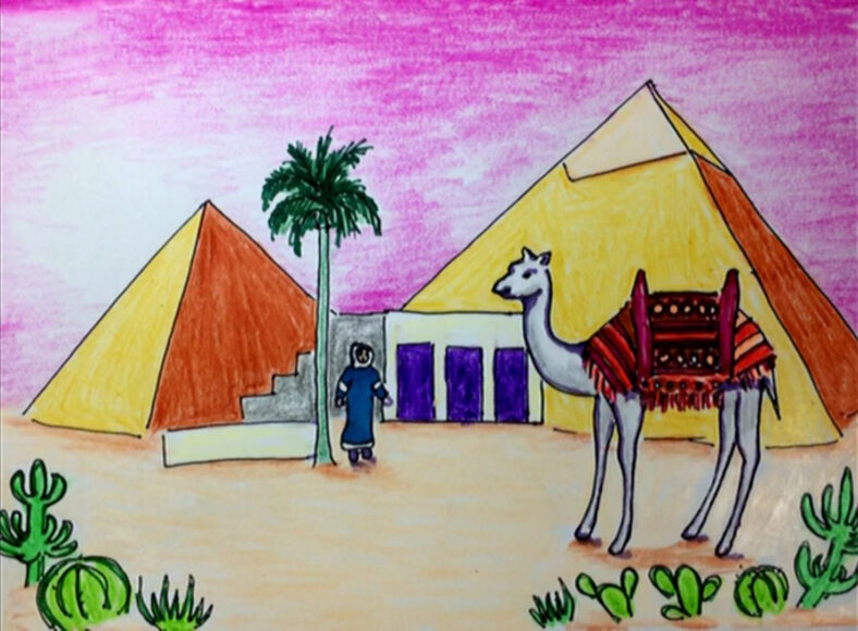 Vẽ tranh Ai Cập cổ đại ngôi nhà, người dân và Lạc Đà