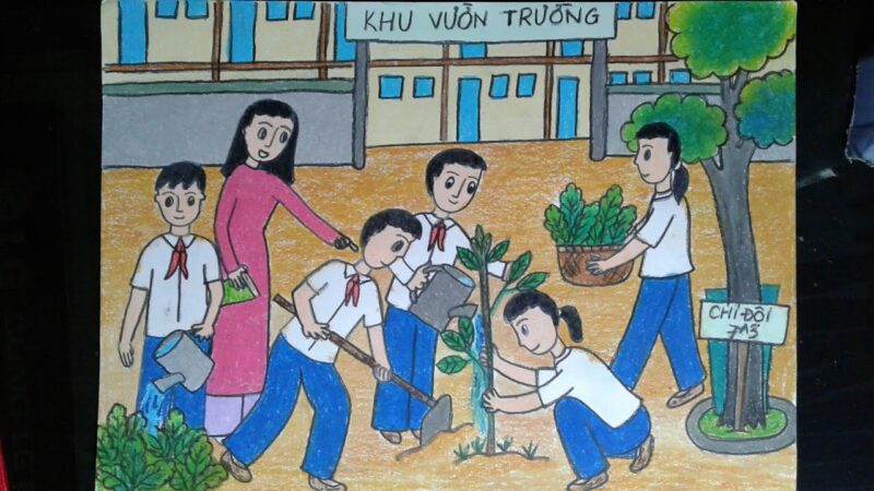 vẽ tranh đề tài lao động con người trồng cây và tưới nước