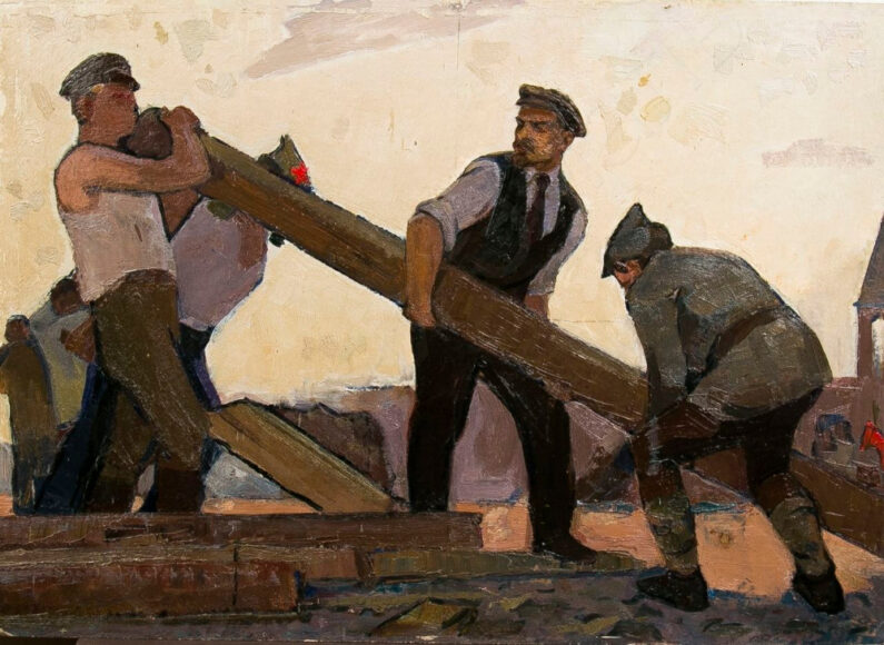 vẽ tranh đề tài lao động người dân rinh vác cây gỗ