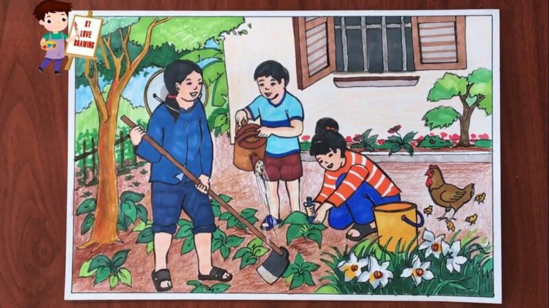 vẽ tranh đề tài lao động tham gia sản xuất xanh