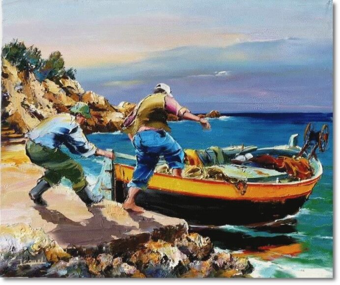 vẽ tranh đề tài lao động thuyền đáng cá cập bến