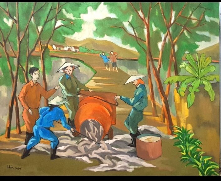 vẽ tranh đề tài lao động xây dựng đường làng