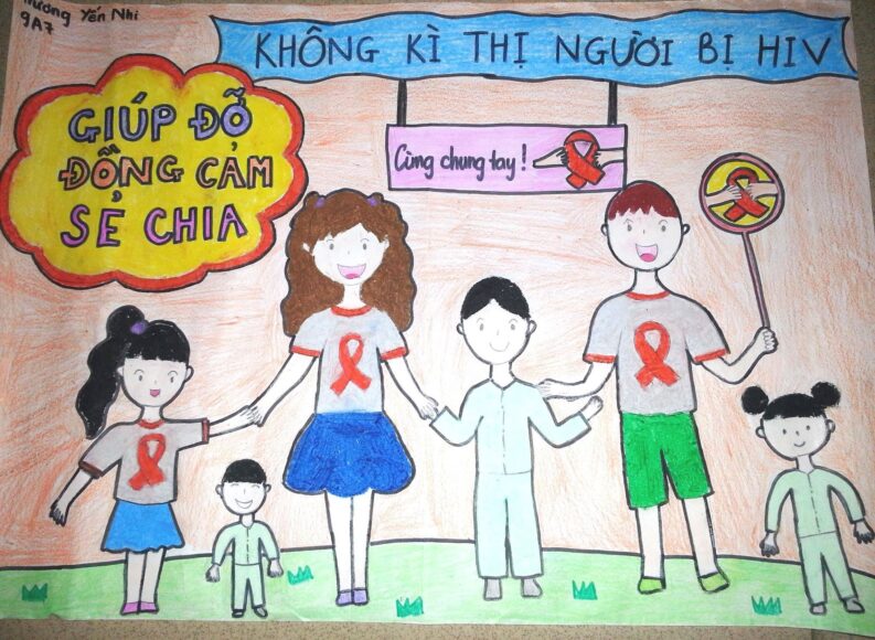 Vẽ tranh phòng chống HIV AIDS bằng cách giúp đỡ người bị nhiễm bệnh