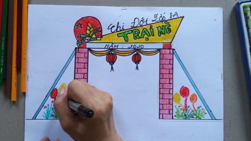 Vẽ tranh trang trí lều trại cổng trại lớp 8 đơn giản