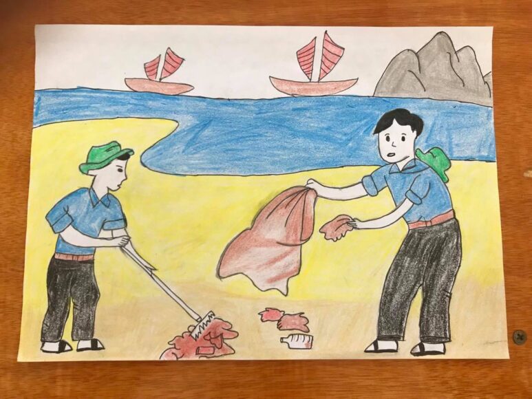 tranh vẽ đê tài 26 3 thanh niên tình nguyện dọn rác bãi biển