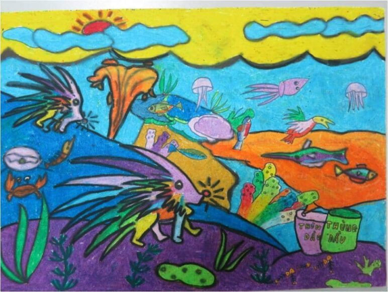 tranh vẽ đề tài những phát minh kỳ diệu thùng rác dưới đáy biển