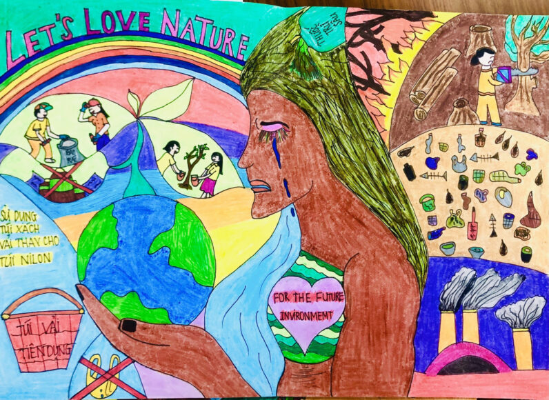 tranh vẽ đề tài Vì môi trường tương lai bằng sáp màu của học sinh