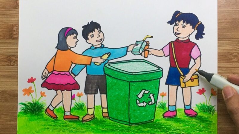 tranh vẽ đề tài Vì môi trường tương lai các em bỏ rác đúng nơi quy định