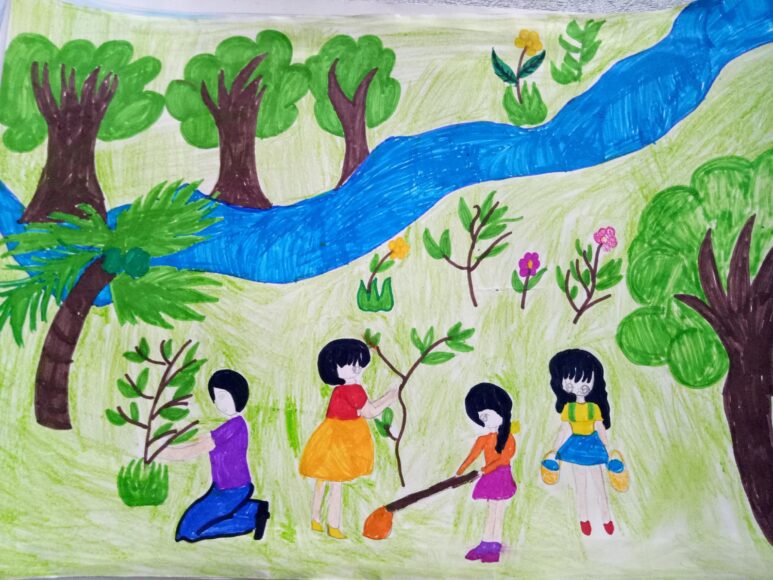 tranh vẽ đề tài Vì môi trường tương lai các em nhỏ trồng cây