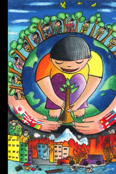 tranh vẽ đề tài Vì môi trường tương lai ôm trọn mầm cây