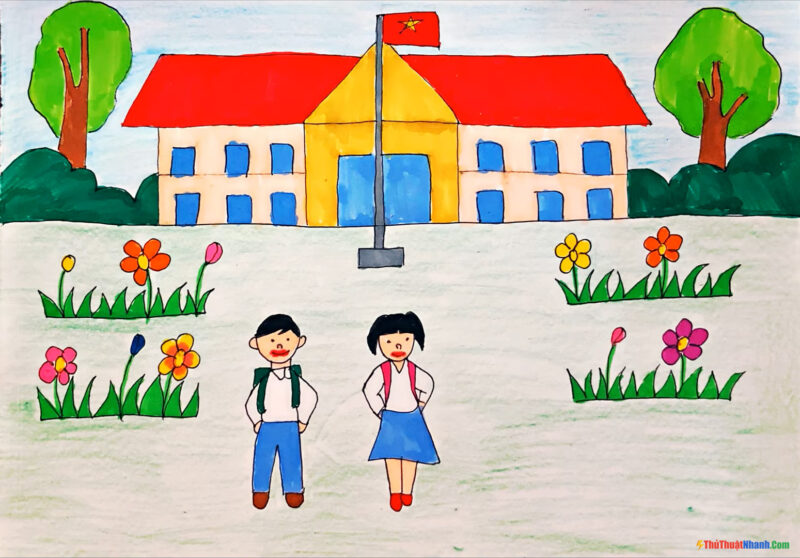 Vẽ tranh trường học hạnh phúc đơn giản
