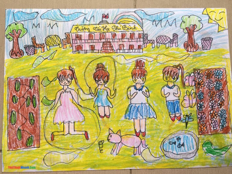 Vẽ tranh trường học hạnh phúc đơn giản tiểu học