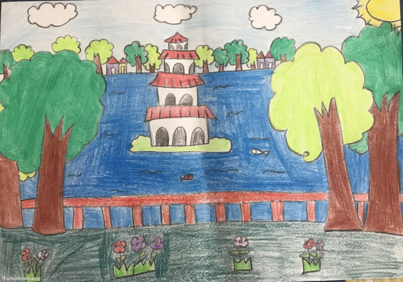 Vẽ tranh Hà Nội trong em bằng sap màu