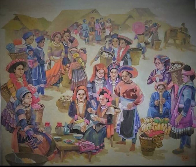 Vẽ tranh sắc màu Tây Nguyên cảnh chợ phiên