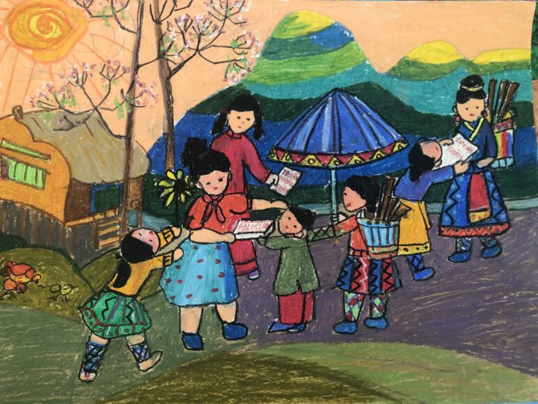 Vẽ tranh sắc màu Tây Nguyên cảnh chợ Tết