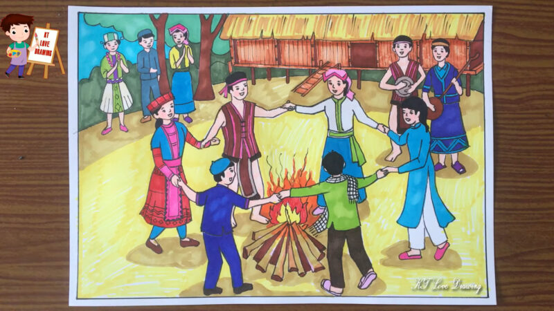 Vẽ tranh sắc màu Tây Nguyên cảnh múa hát