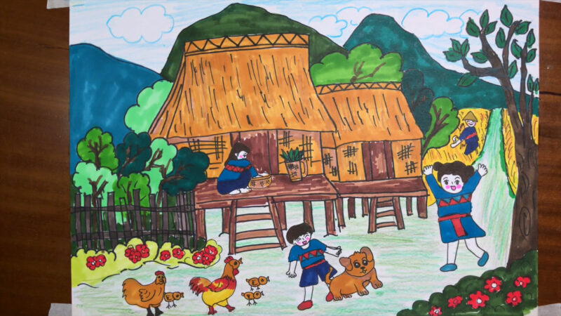 Vẽ tranh sắc màu Tây Nguyên cuộc sống sinh hoạt dễ thương