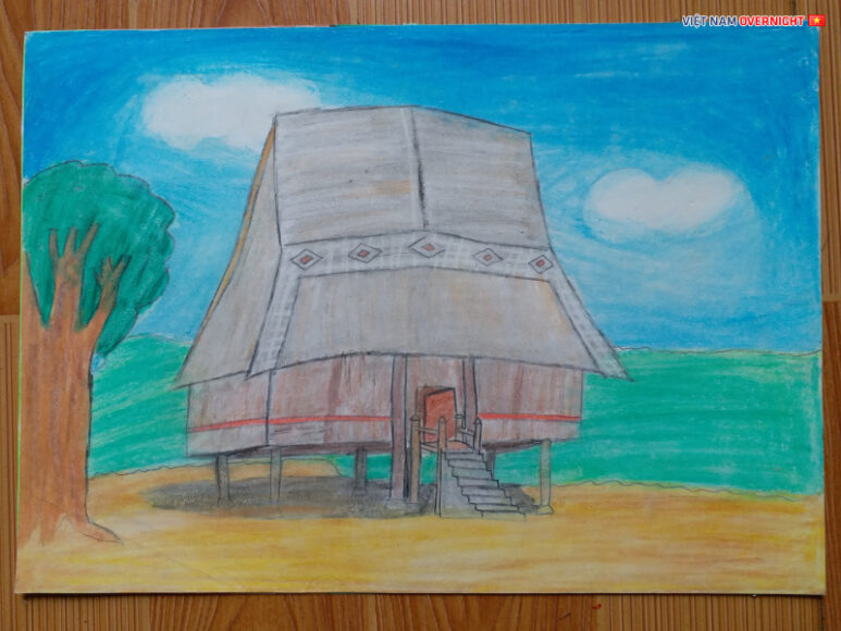 Vẽ tranh sắc màu Tây Nguyên đơn giản với kiến trúc nhà rông