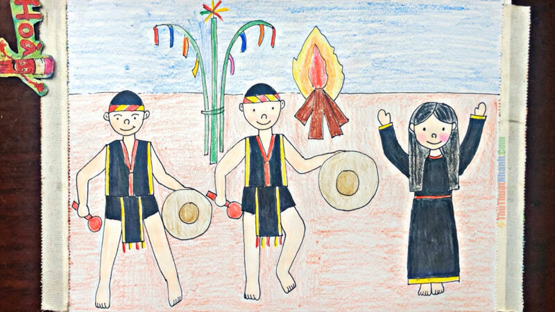 Vẽ tranh sắc màu Tây Nguyên lễ hội đơn giản