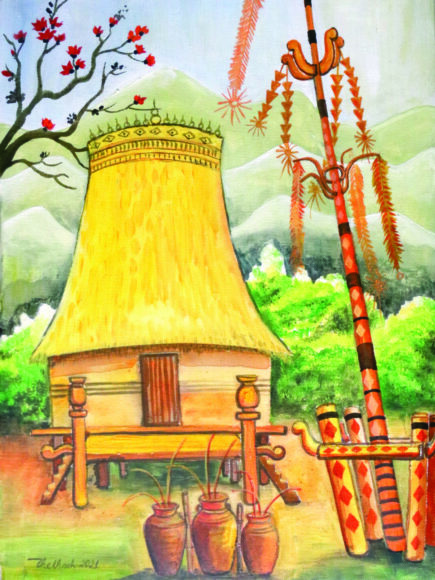 Vẽ tranh sắc màu Tây Nguyên với kiến trúc nhà rông cực đẹp