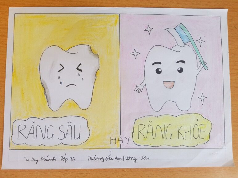 Vẽ tranh nha khoa học đường đơn giản về chiếc răng sâu và chiếc răng khỏe mạnh