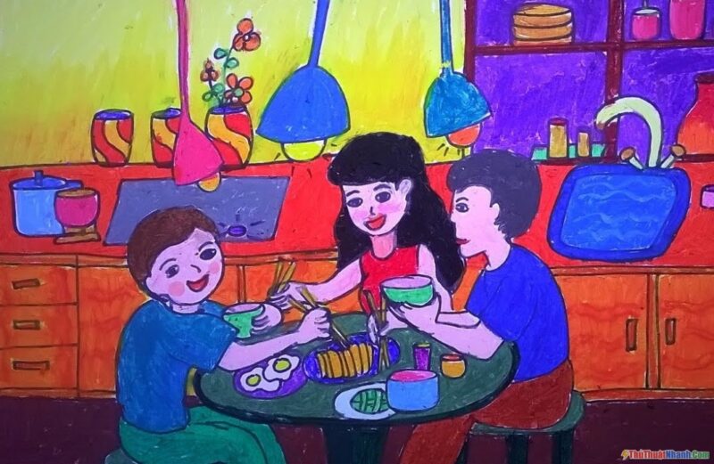 vẽ tranh cuộc sống, sinh hoạt, vui chơi ở gia đình hàng ngày