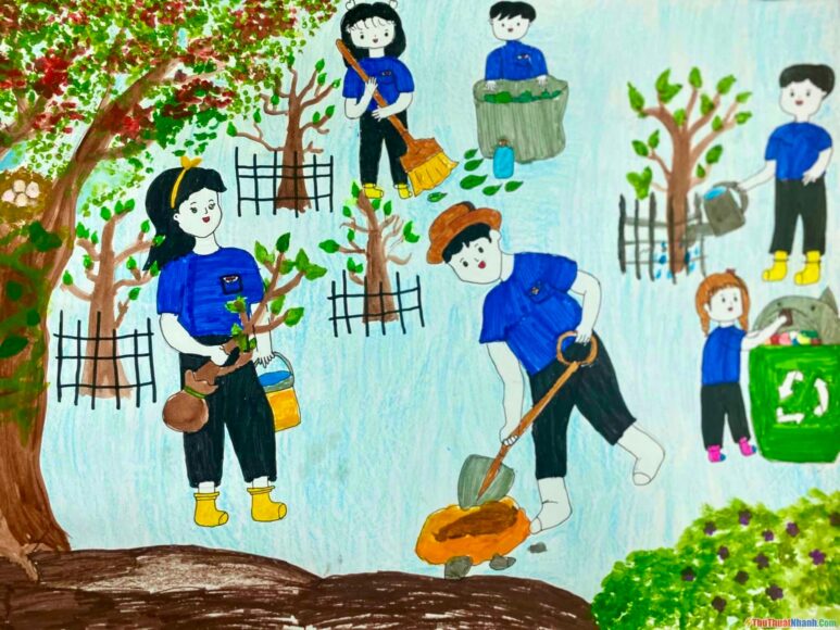 vẽ tranh cuộc sống, sinh hoạt, vui chơi ở sân trường