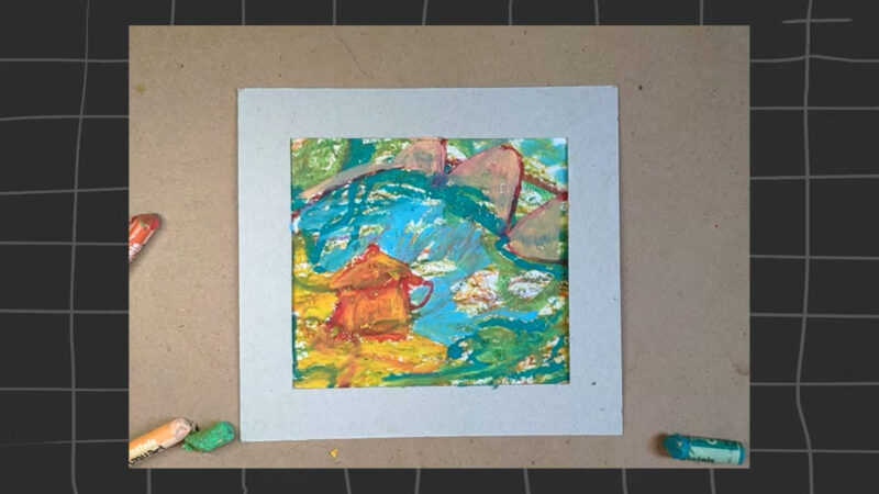 Tranh vẽ theo giai điệu âm nhạc trìu tượng hình ngôi nhà bên hồ nước