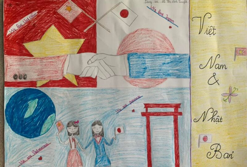 Vẽ tranh thắm tình hữu nghị Việt Nam - Nhật Bản cực đơn giản mà đẹp