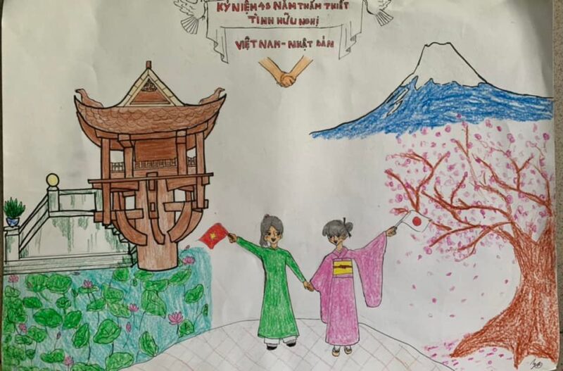 Vẽ tranh thắm tình hữu nghị Việt Nam - Nhật Bản đơn giản mà đẹp