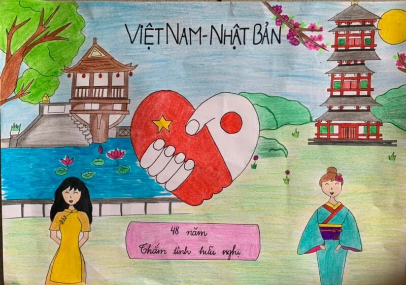 Vẽ tranh thắm tình hữu nghị Việt Nam - Nhật Bản đơn giản mà quá đẹp