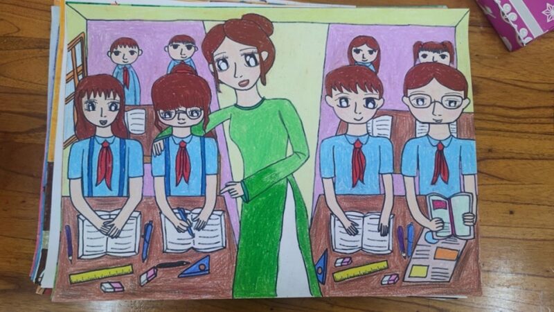 tranh vẽ chủ đề tôn sư trọng đạo cô giáo hướng dẫn em học bài