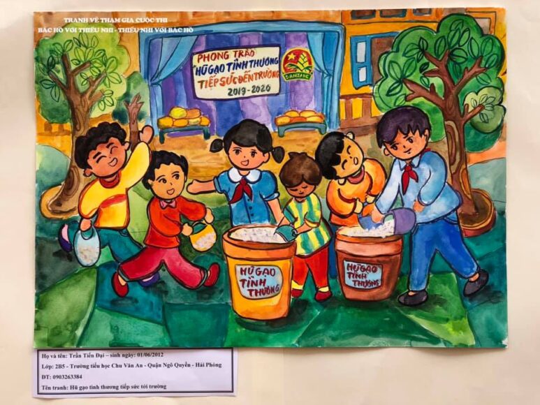 tranh vẽ kế hoạch nhỏ góp gạo tiếp sức đến trường