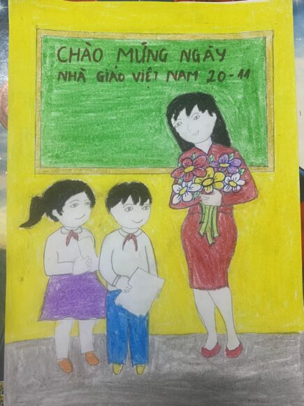 vẽ tranh chủ đề tôn sư trọng đạo cầm hoa tặng cô giáo