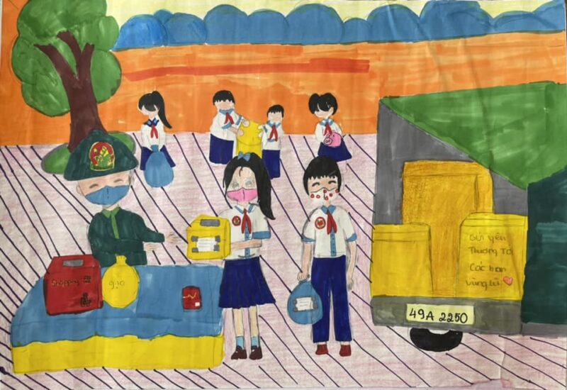 vẽ tranh đề tài kế hoạch nhỏ giúp các chú hỗ trợ đồ dùng cho vùng bão lũ