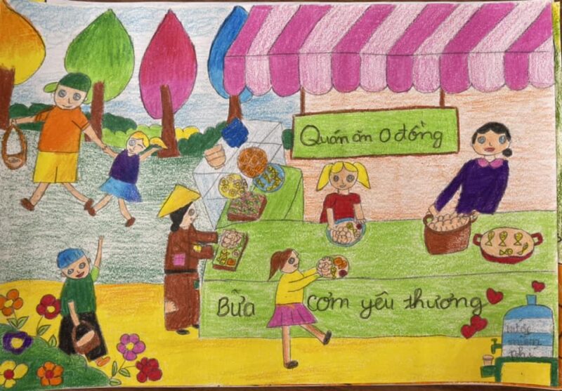 vẽ tranh đề tài kế hoạch nhỏ mở quán ăn 0 đồng