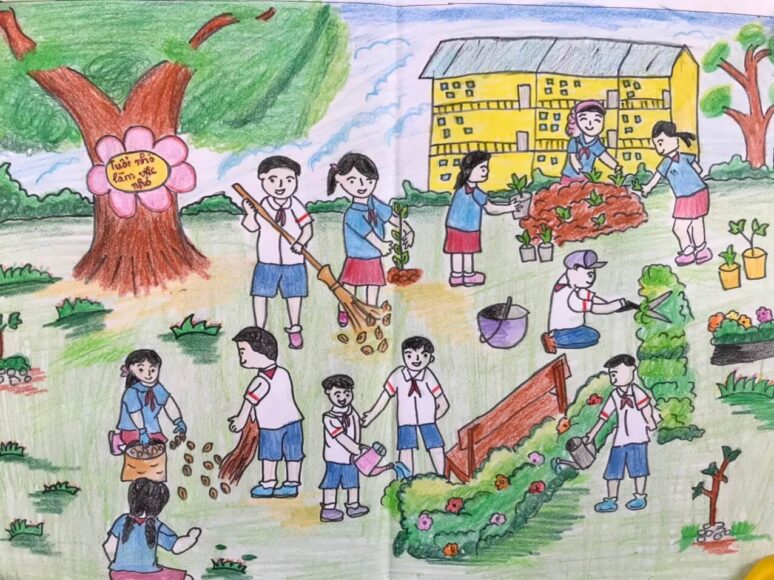vẽ tranh kế hoạch nhỏ làm sạch sân trường