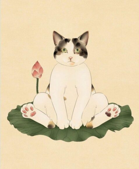 hình ảnh avatar mèo Tết ngồi trên lá sen