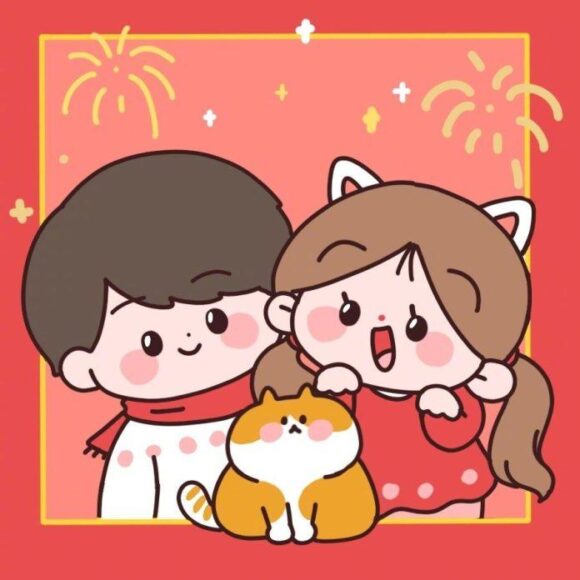 hình ảnh avatar mèo Tết và 2 em bé