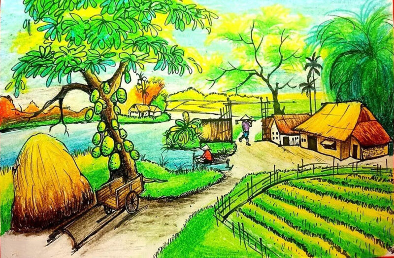 vẽ tranh hành trình mùa xuân lên rừng xuống biển cảnh nông thôn bình yên