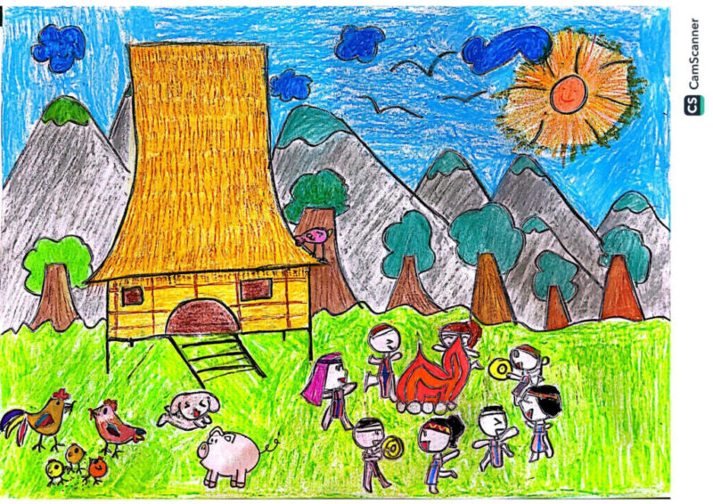 vẽ tranh hành trình mùa xuân lên rừng xuống biển vẽ nhà sàn dễ thương